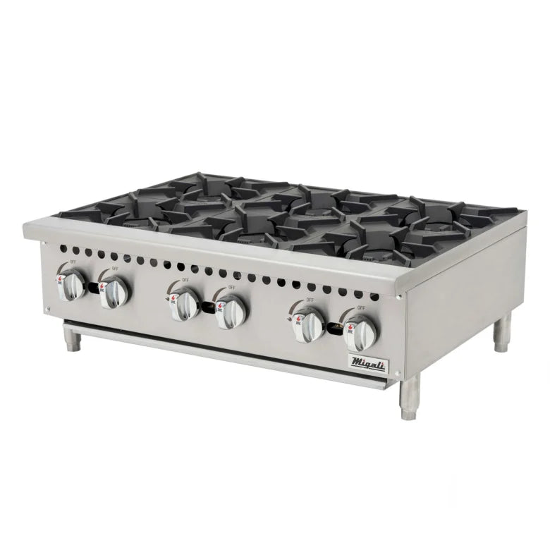 Migali C-HP-6B-36 36" Gas Hotplate w/ (6) Burners & Manual Controls, Convertible