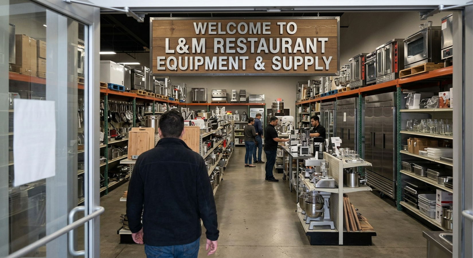Person walking through a store with 'L&M Restaurant Equipment & Supply' sign.